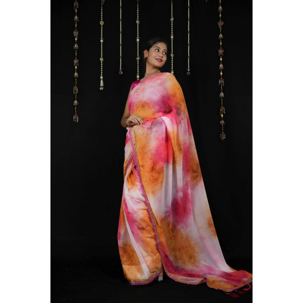 Isadora Life Womens Abstract Printed Multi-Color Pre-Draped Saree With Unstitched Blouse