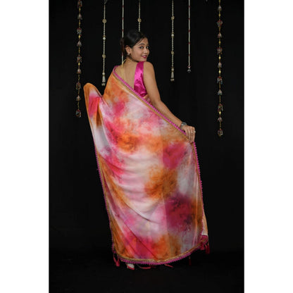 Isadora Life Womens Abstract Printed Multi-Color Pre-Draped Saree With Unstitched Blouse