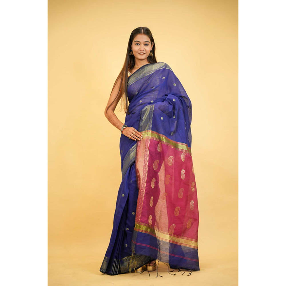 Isadora Life Womens Printed Tassels Blue Pre-Draped Saree With Unstitched Blouse