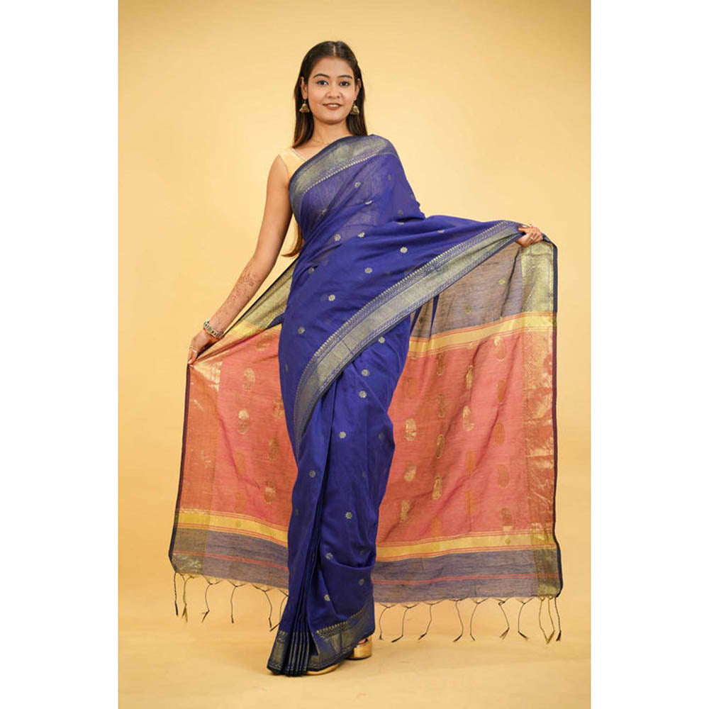 Isadora Life Womens Printed Tassels Blue Pre-Draped Saree With Unstitched Blouse