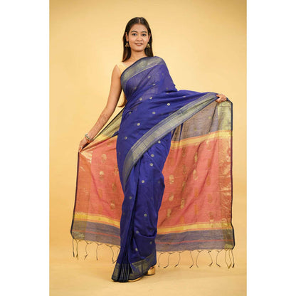 Isadora Life Womens Printed Tassels Blue Pre-Draped Saree With Unstitched Blouse