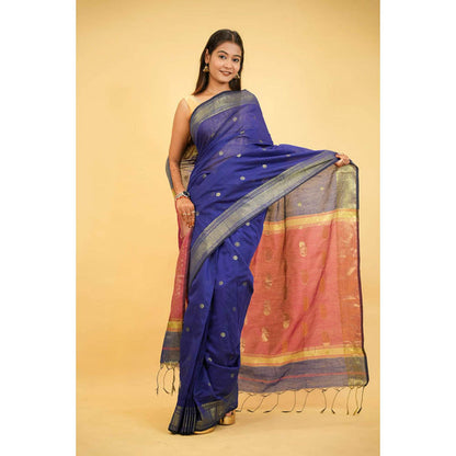 Isadora Life Womens Printed Tassels Blue Pre-Draped Saree With Unstitched Blouse