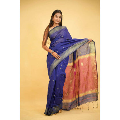 Isadora Life Womens Printed Tassels Blue Pre-Draped Saree With Unstitched Blouse