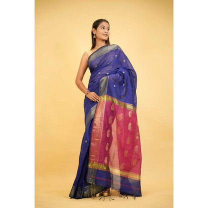 Isadora Life Womens Printed Tassels Blue Pre-Draped Saree With Unstitched Blouse