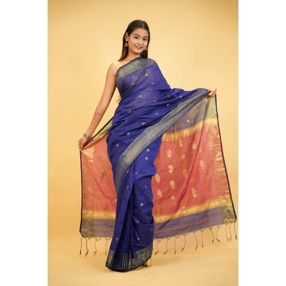 Isadora Life Womens Printed Tassels Blue Pre-Draped Saree With Unstitched Blouse