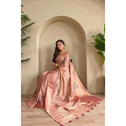 Isadora Life Womens Woven Zari Beige Pre-Draped Saree With Unstitched Blouse