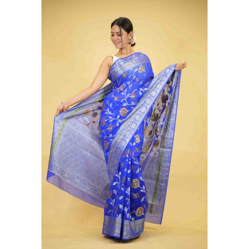 Isadora Life Womens Woven Zari Blue Pre-Draped Saree With Unstitched Blouse