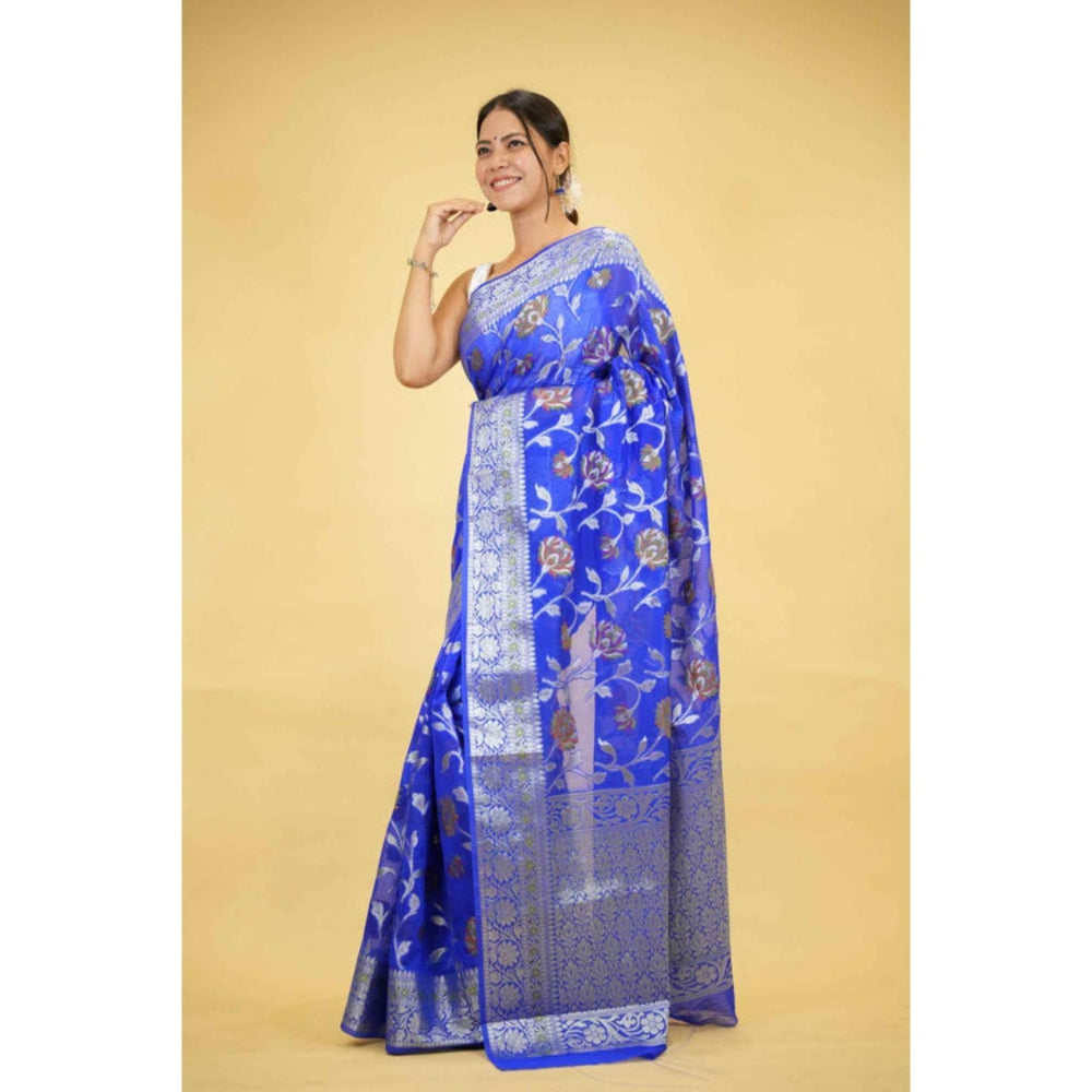 Isadora Life Womens Woven Zari Blue Pre-Draped Saree With Unstitched Blouse