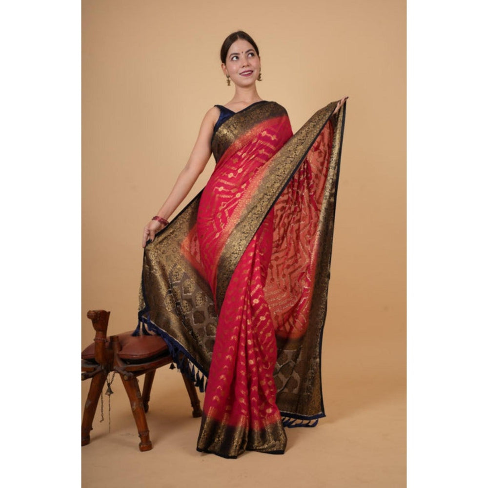 Isadora Life Womens Woven Zari Pink Pre-Draped Saree With Unstitched Blouse