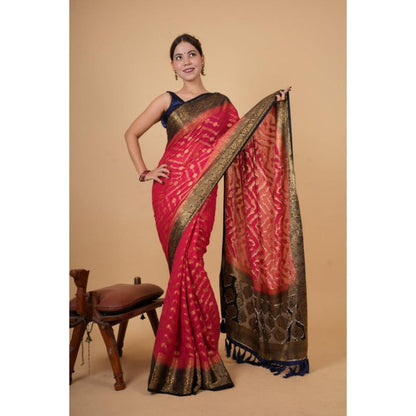 Isadora Life Womens Woven Zari Pink Pre-Draped Saree With Unstitched Blouse