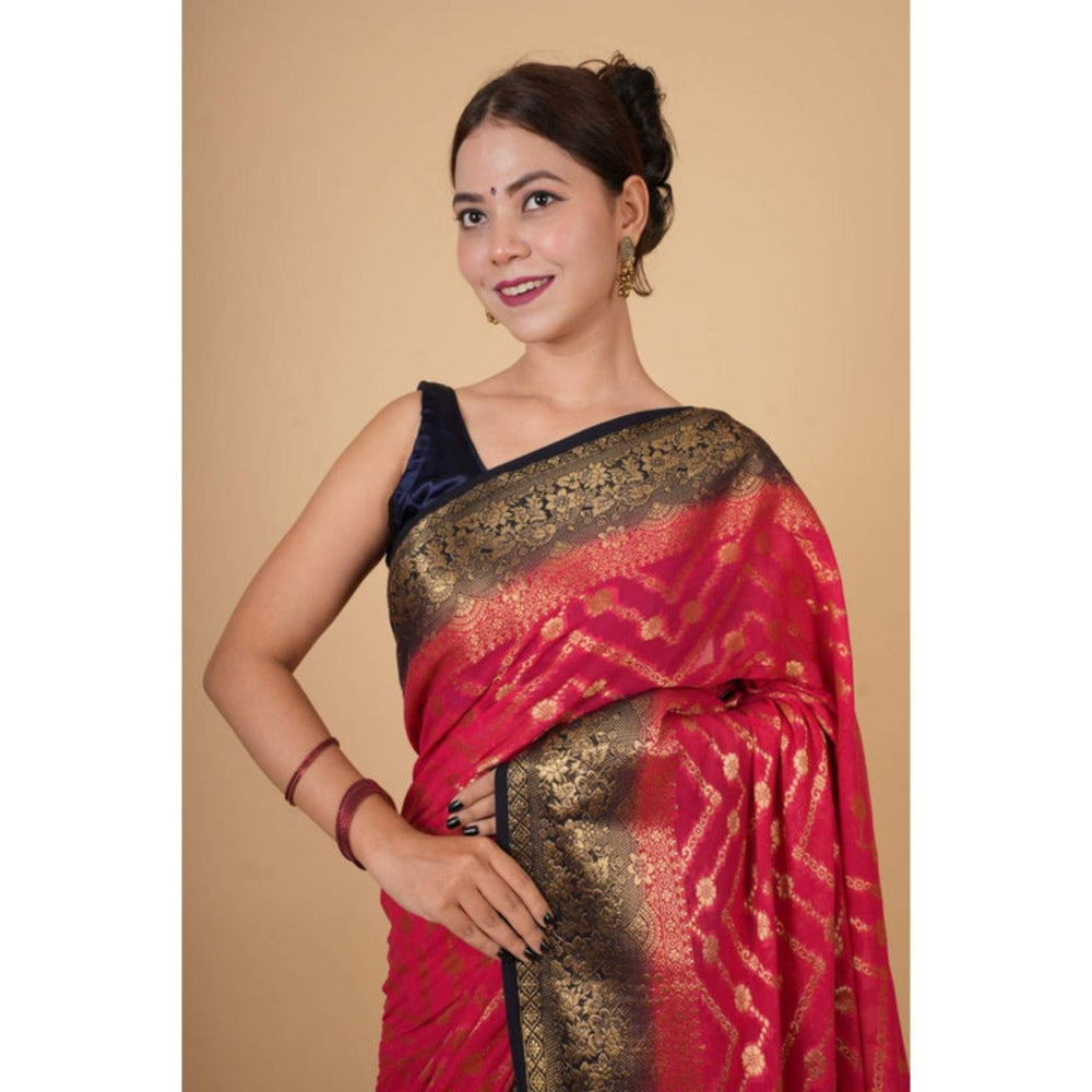 Isadora Life Womens Woven Zari Pink Pre-Draped Saree With Unstitched Blouse