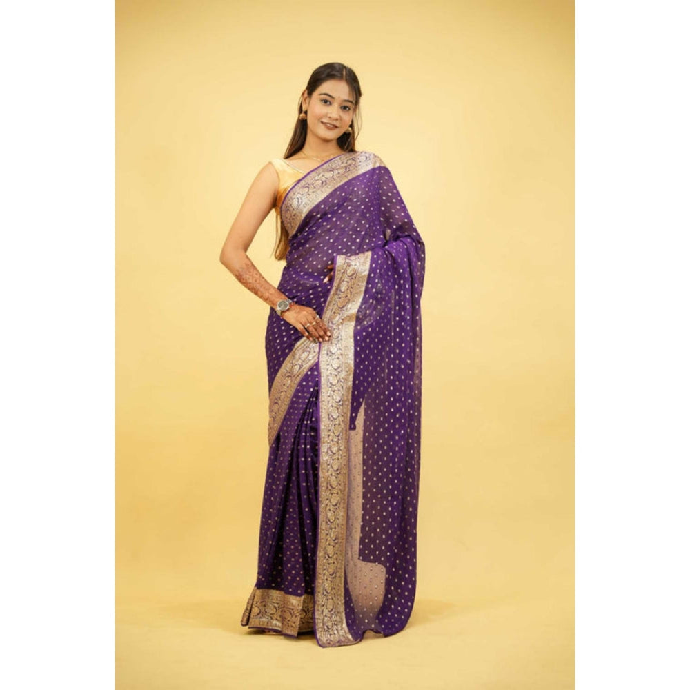 Isadora Life Womens Woven Zari Purple Pre-Draped Saree With Unstitched Blouse
