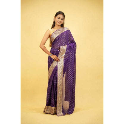 Isadora Life Womens Woven Zari Purple Pre-Draped Saree With Unstitched Blouse