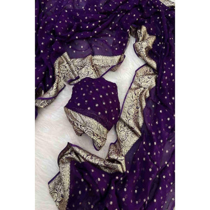 Isadora Life Womens Woven Zari Purple Pre-Draped Saree With Unstitched Blouse