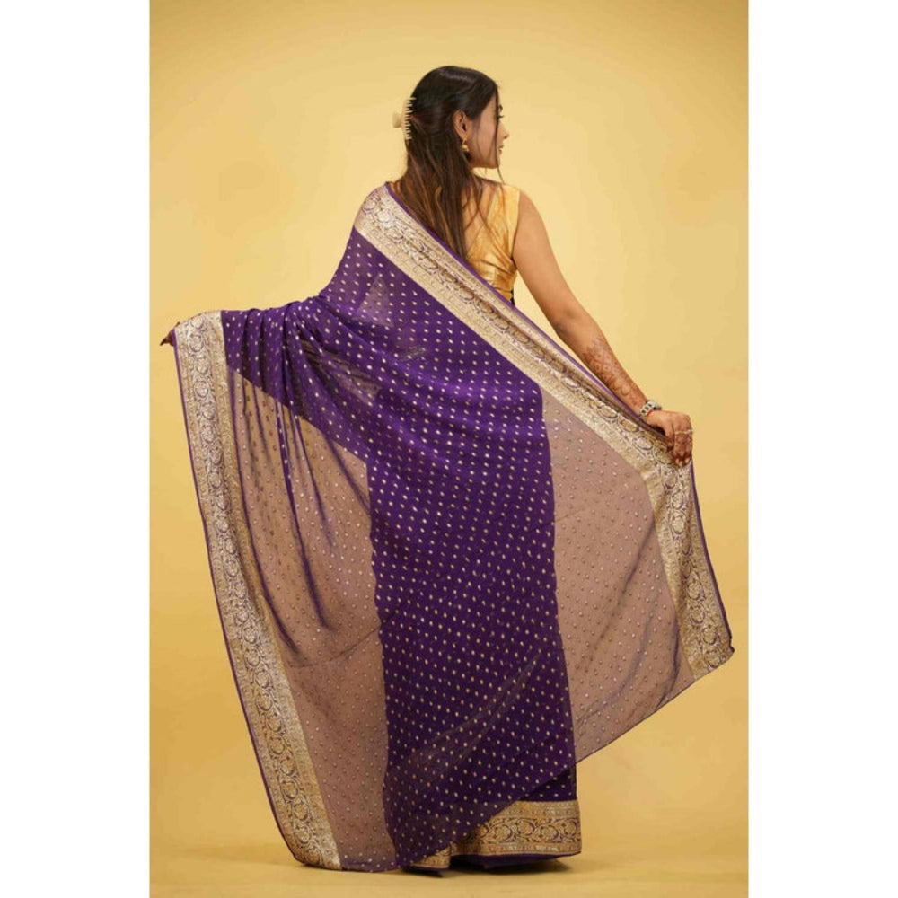 Isadora Life Womens Woven Zari Purple Pre-Draped Saree With Unstitched Blouse