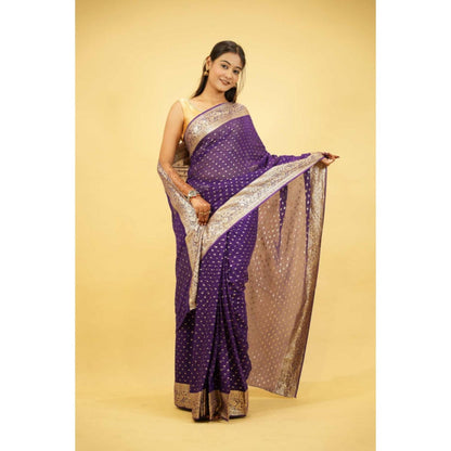 Isadora Life Womens Woven Zari Purple Pre-Draped Saree With Unstitched Blouse