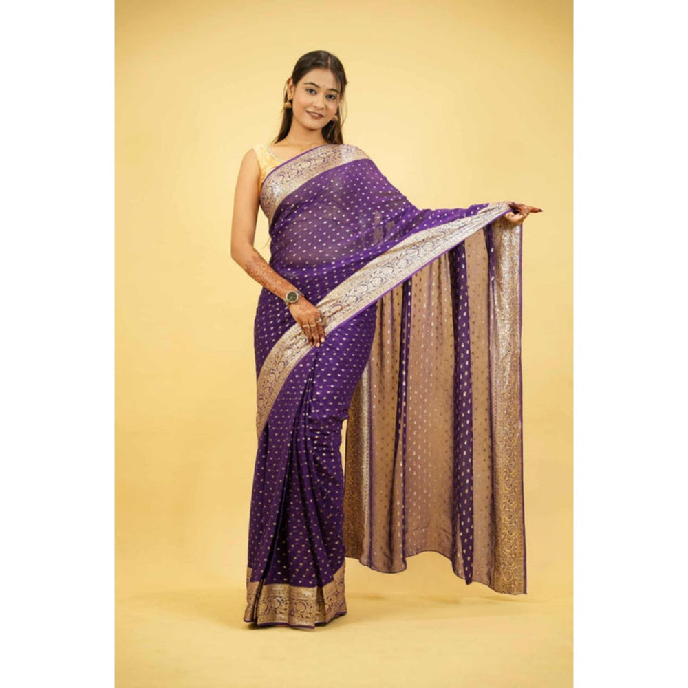 Isadora Life Womens Woven Zari Purple Pre-Draped Saree With Unstitched Blouse