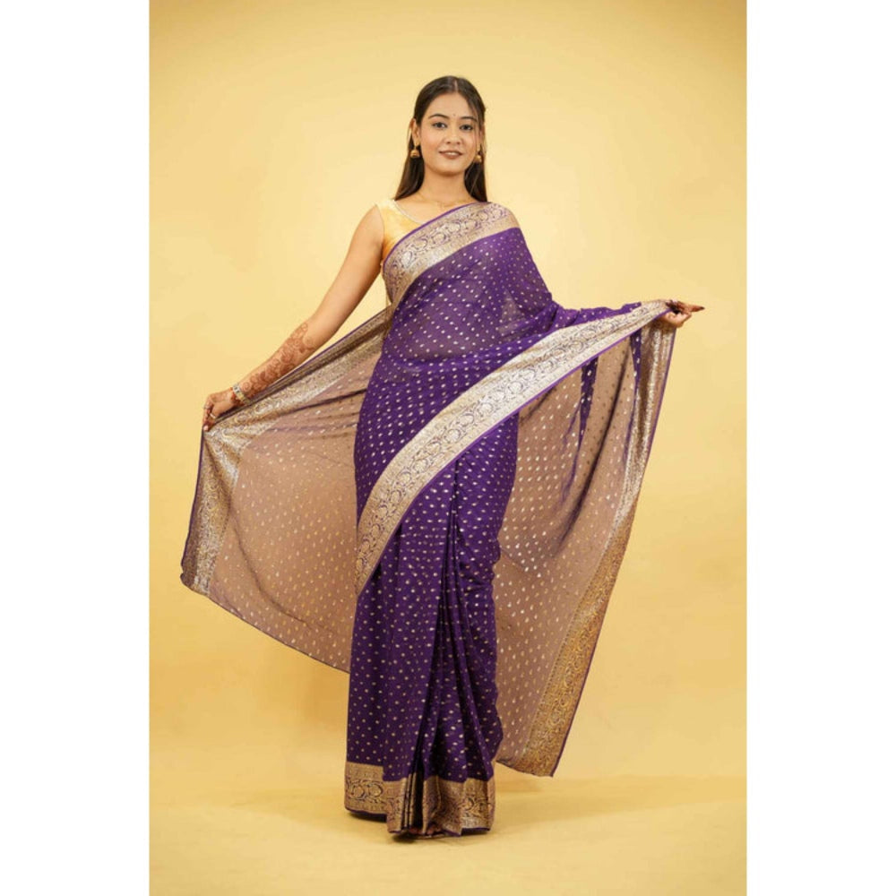 Isadora Life Womens Woven Zari Purple Pre-Draped Saree With Unstitched Blouse