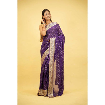 Isadora Life Womens Woven Zari Purple Pre-Draped Saree With Unstitched Blouse
