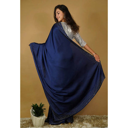Isadora Life Womens Sequined Navy Blue Pre-Draped Saree With Unstitched Blouse
