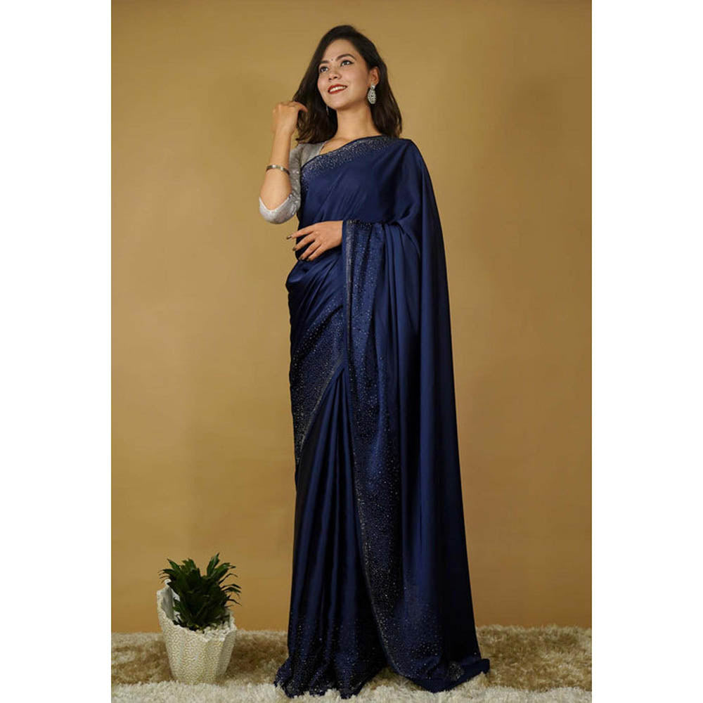 Isadora Life Womens Sequined Navy Blue Pre-Draped Saree With Unstitched Blouse