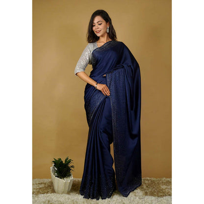 Isadora Life Womens Sequined Navy Blue Pre-Draped Saree With Unstitched Blouse
