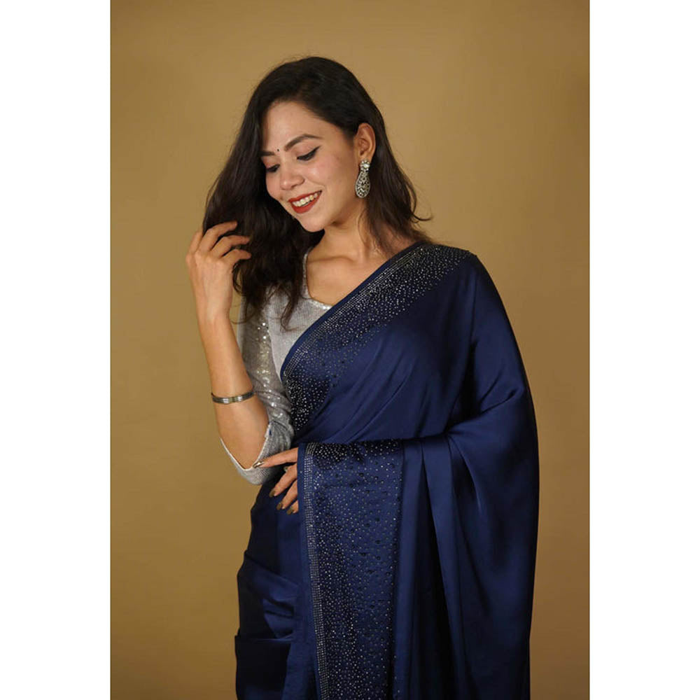 Isadora Life Womens Sequined Navy Blue Pre-Draped Saree With Unstitched Blouse