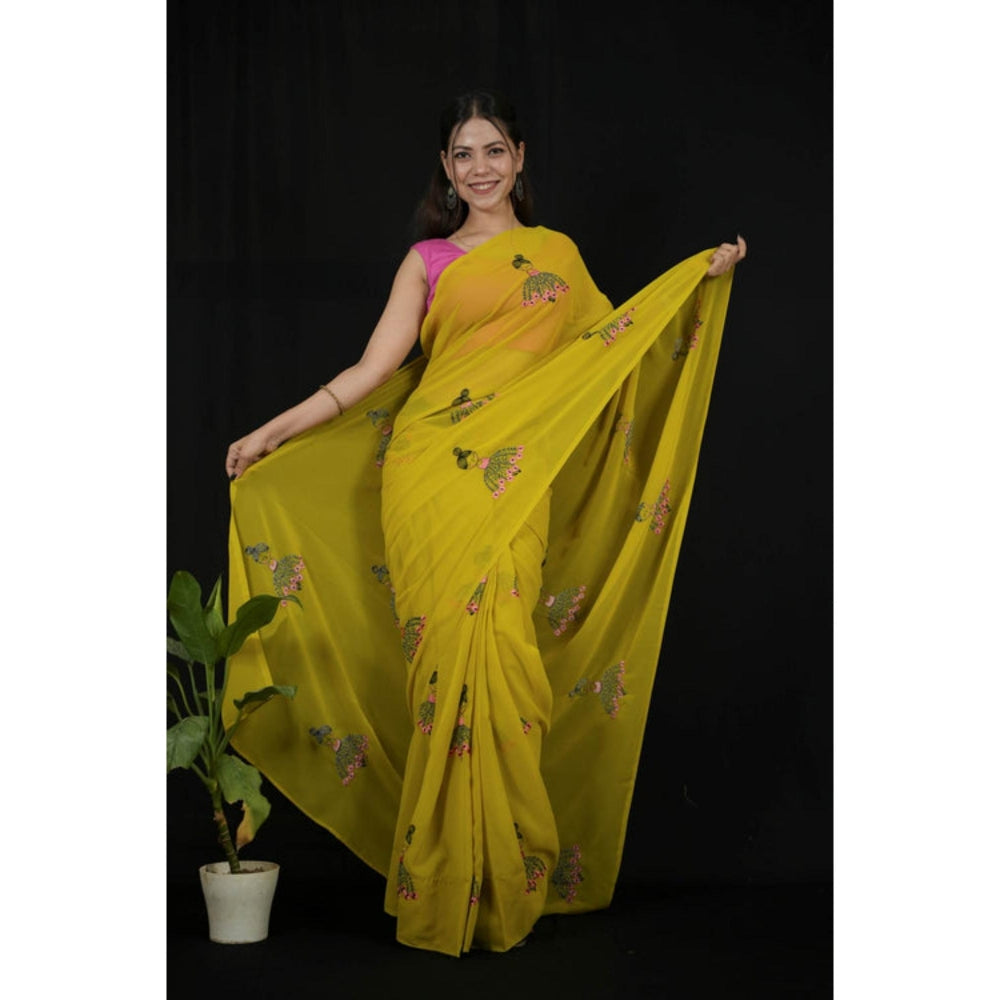 Isadora Life Womens Embroidered Tassels Yellow Pre-Draped Saree With Unstitched Blouse