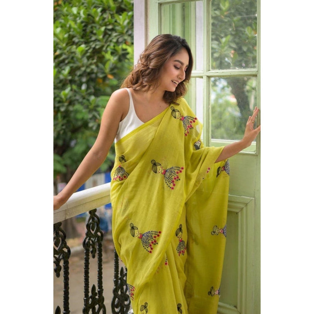 Isadora Life Womens Embroidered Tassels Yellow Pre-Draped Saree With Unstitched Blouse