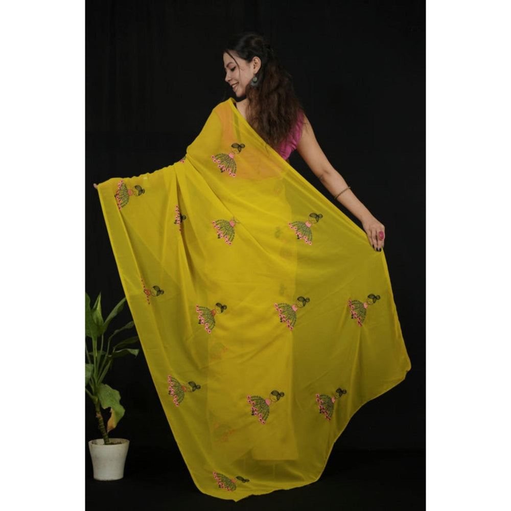 Isadora Life Womens Embroidered Tassels Yellow Pre-Draped Saree With Unstitched Blouse