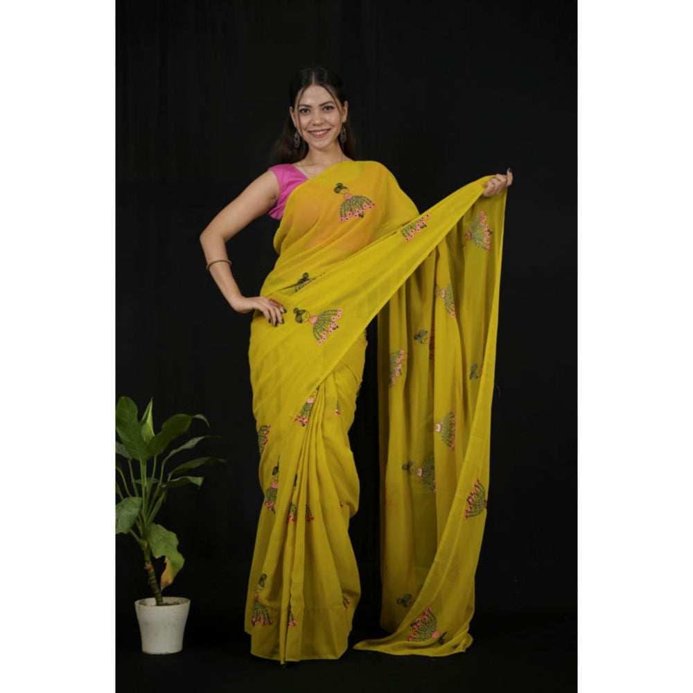 Isadora Life Womens Embroidered Tassels Yellow Pre-Draped Saree With Unstitched Blouse