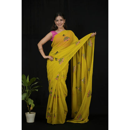 Isadora Life Womens Embroidered Tassels Yellow Pre-Draped Saree With Unstitched Blouse