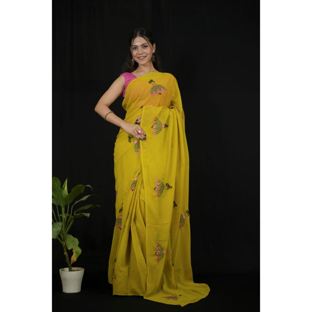 Isadora Life Womens Embroidered Tassels Yellow Pre-Draped Saree With Unstitched Blouse