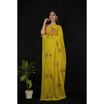 Isadora Life Womens Embroidered Tassels Yellow Pre-Draped Saree With Unstitched Blouse