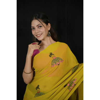 Isadora Life Womens Embroidered Tassels Yellow Pre-Draped Saree With Unstitched Blouse