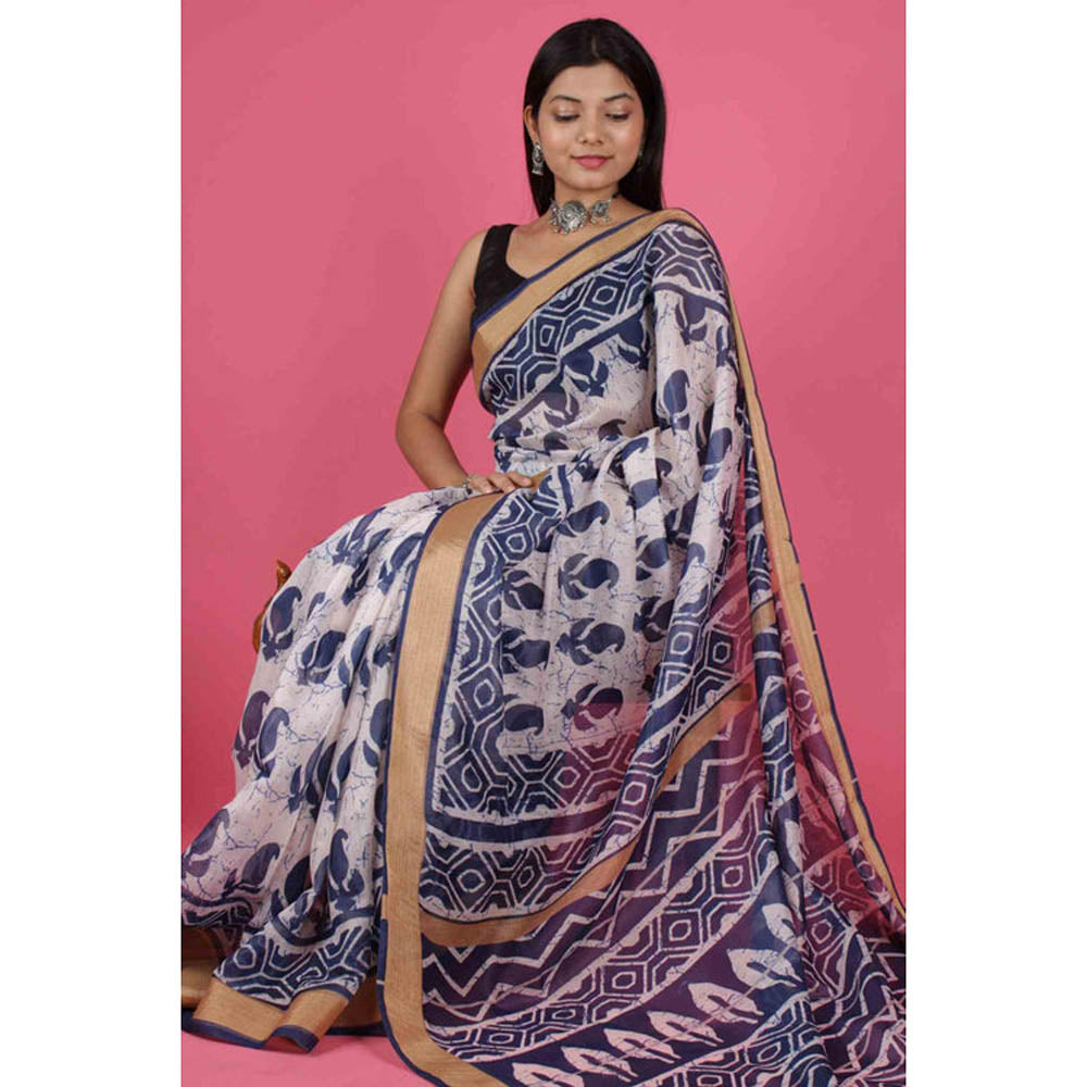 Isadora Life Womens Printed Multi-Color Pre-Draped Saree With Unstitched Blouse