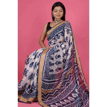 Isadora Life Womens Printed Multi-Color Pre-Draped Saree With Unstitched Blouse