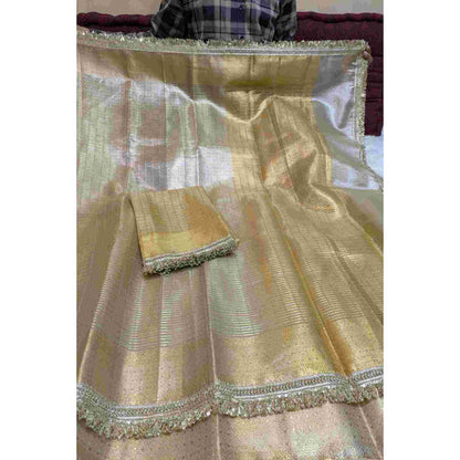 Isadora Life Womens Woven Zari Gold Pre-Draped Saree With Unstitched Blouse