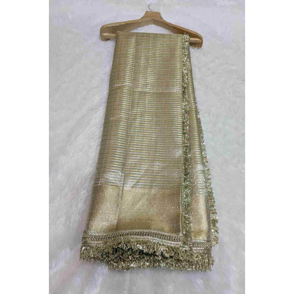 Isadora Life Womens Woven Zari Gold Pre-Draped Saree With Unstitched Blouse