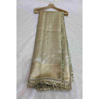 Isadora Life Womens Woven Zari Gold Pre-Draped Saree With Unstitched Blouse