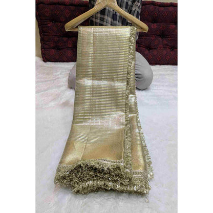 Isadora Life Womens Woven Zari Gold Pre-Draped Saree With Unstitched Blouse
