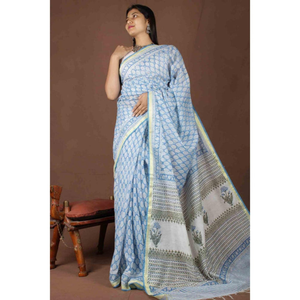 Isadora Life Womens Block Print Blue Pre-Draped Saree With Unstitched Blouse