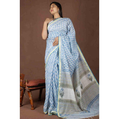 Isadora Life Womens Block Print Blue Pre-Draped Saree With Unstitched Blouse