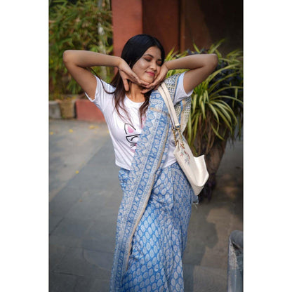 Isadora Life Womens Block Print Blue Pre-Draped Saree With Unstitched Blouse