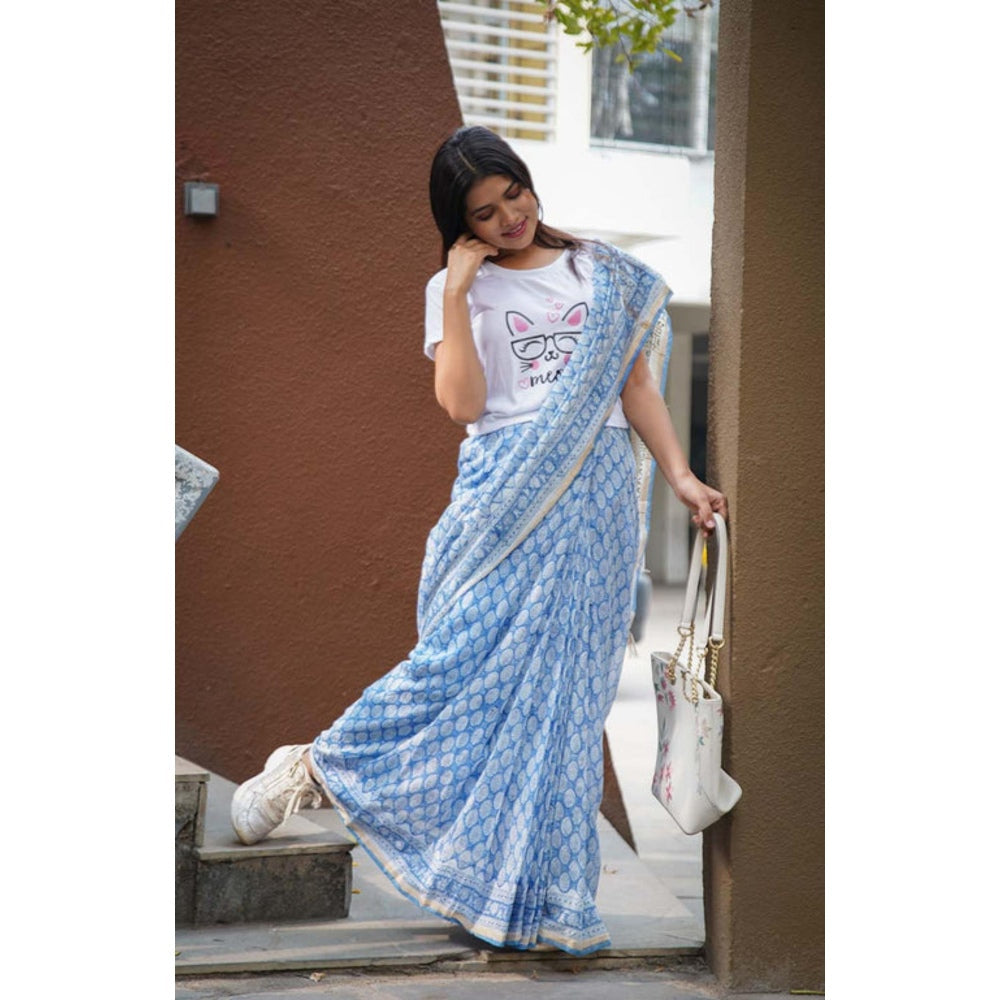 Isadora Life Womens Block Print Blue Pre-Draped Saree With Unstitched Blouse