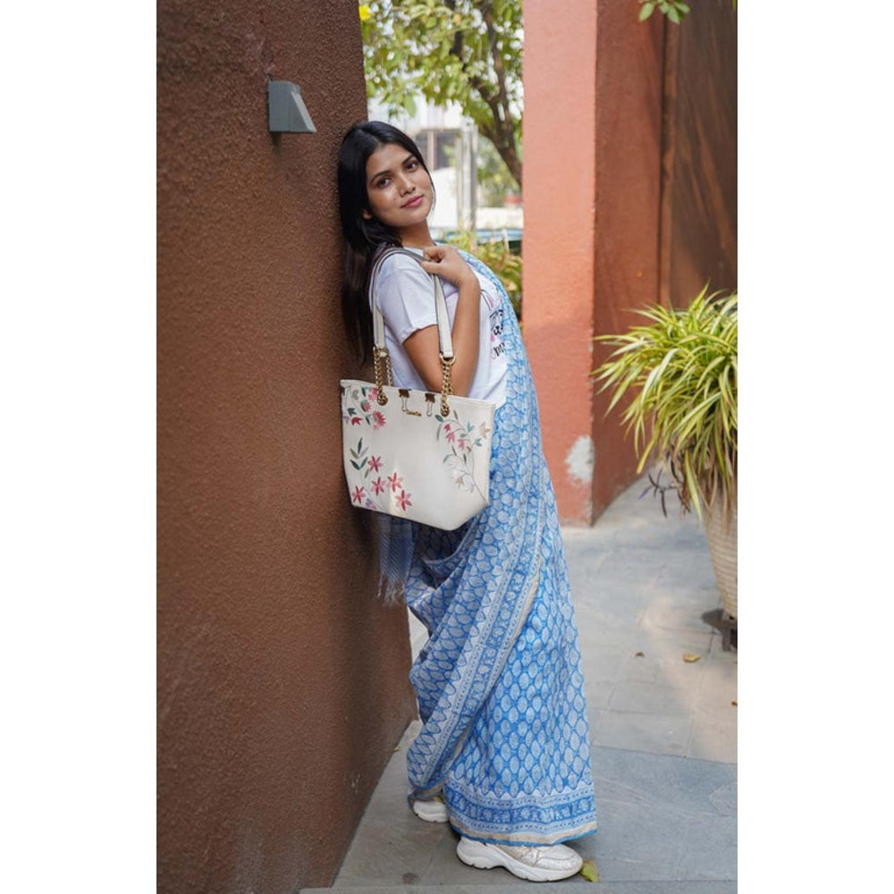 Isadora Life Womens Block Print Blue Pre-Draped Saree With Unstitched Blouse