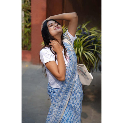 Isadora Life Womens Block Print Blue Pre-Draped Saree With Unstitched Blouse