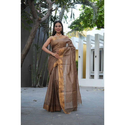 Isadora Life Womens Solid Tassels Brown Pre-Draped Saree With Unstitched Blouse