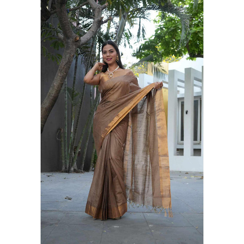 Isadora Life Womens Solid Tassels Brown Pre-Draped Saree With Unstitched Blouse