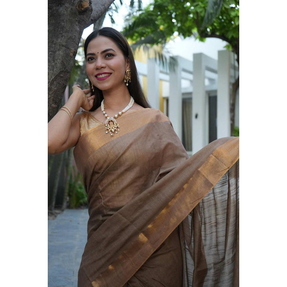 Isadora Life Womens Solid Tassels Brown Pre-Draped Saree With Unstitched Blouse